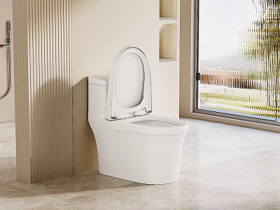 Modern White Toilet In Light Bathroom With Open Lid Shelves Large Window And Natural Light 3d model