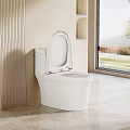 Modern White Toilet In Light Bathroom With Open Lid Shelves Large Window And Natural Light