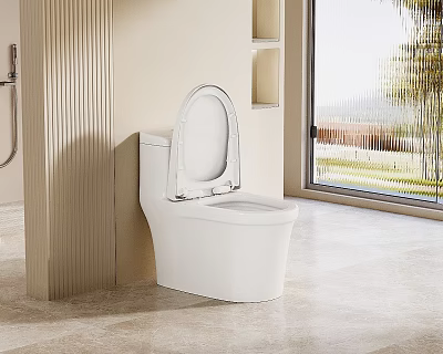 Modern White Toilet In Light Bathroom With Open Lid Shelves Large Window And Natural Light 3d model