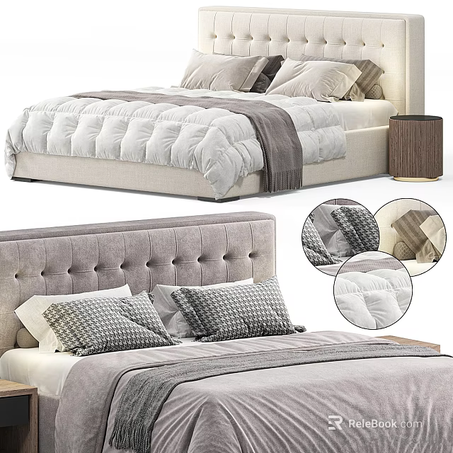 Modern Double Bed With Tufted Headboard Plaid Pillows And Linen Comforter 3d model 