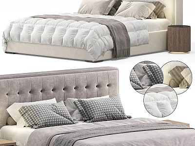Modern Double Bed With Tufted Headboard Plaid Pillows And Linen Comforter 3d model