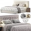 Modern Double Bed With Tufted Headboard Plaid Pillows And Linen Comforter 3d model