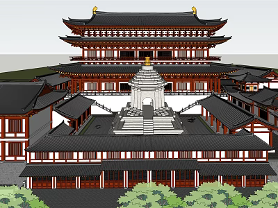Ancient Chinese Architecture With Multi tiered Roofs Overhanging Eaves Central Pagoda And Green Vegetation 3d model