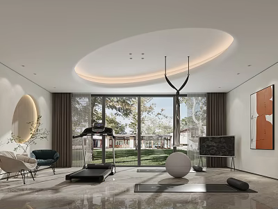 Modern Home Gym With Treadmill Exercise Ball And Yoga Mat 3d model