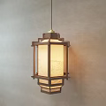 Japanese Style Wooden Frame Pendant Light With Translucent Shade And Textured Pattern On Light Colored Wall