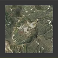 3D Mountainous Terrain Model With Central Volcanic Crater Lush Green Vegetation And Snowy White Areas
