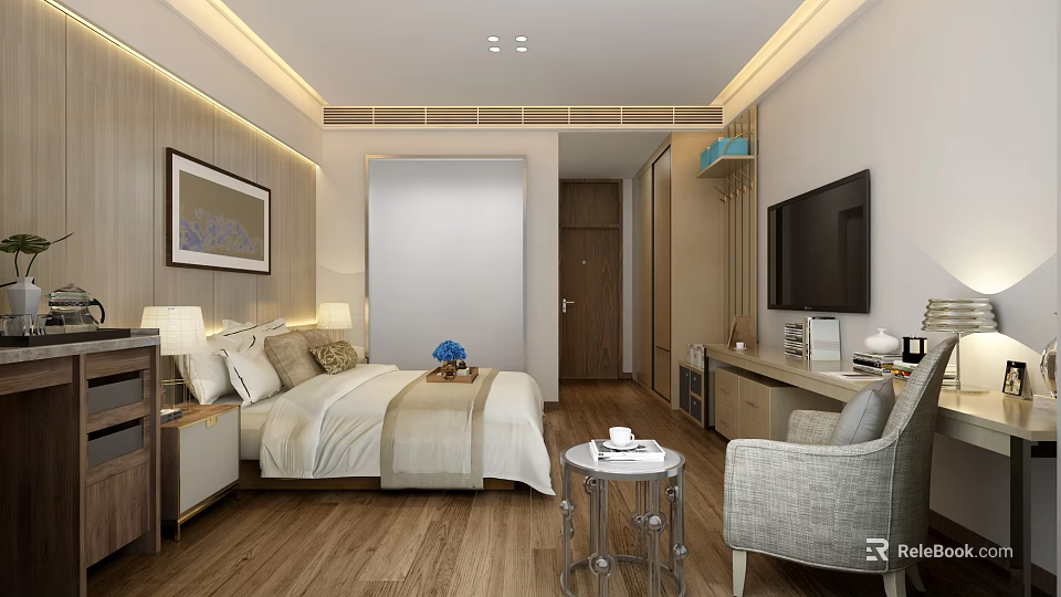Modern Hotel Guest Room Featuring Bed Nightstand Table Lamp TV Armchair Decorative Painting Wooden Floor 3d model 