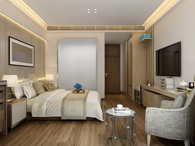 Modern Hotel Guest Room Featuring Bed Nightstand Table Lamp TV Armchair Decorative Painting Wooden Floor 3d model