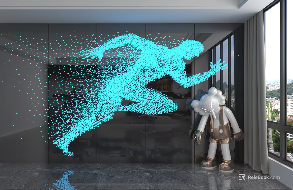 Modern Wall Panel Interior Design With Light Art Running Figure And Sculpture 3d model