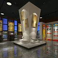 Exhibition Hall Interior Featuring Central Display Stand With Historical Exhibits And Information Panels