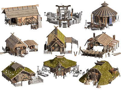 Various Traditional Wooden House Designs With Thatched Roofs And Rustic Structures 3d model