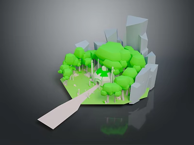Scenic Urban Park with Green Trees and City Buildings Along Path 3d model