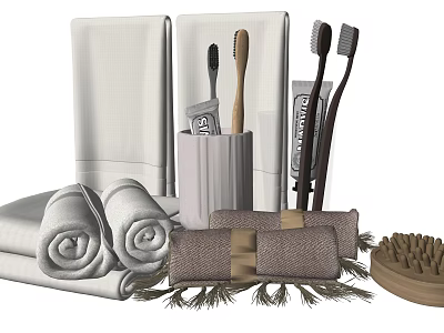 Luxury Rolled and Folded Bath Towels with Bathroom Accessories Toothbrushes and Brushes 3d model