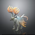 Fantasy Creature with Flaming Antlers Colorful Feathers Blue White Body and Yellow Eyes