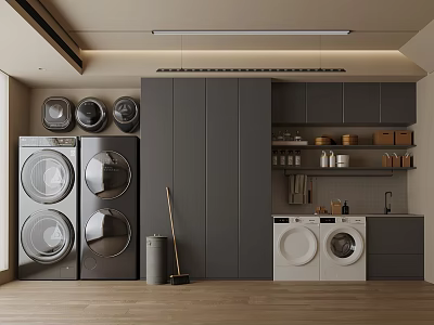 Modern Laundry Room Interior With Stacked Washers Dryers Gray Cabinets And Storage 3d model