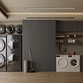Modern Laundry Room Interior With Stacked Washers Dryers Gray Cabinets And Storage