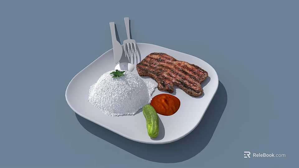 Grilled Steak With Steamed Rice Red Sauce And Cucumber On White Plate With Knife And Fork 3d model 