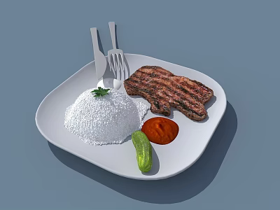 Grilled Steak With Steamed Rice Red Sauce And Cucumber On White Plate With Knife And Fork 3d model