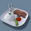 Grilled Steak With Steamed Rice Red Sauce And Cucumber On White Plate With Knife And Fork