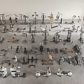 Diverse Sports Equipment Collection Including Treadmills Dumbbells Weight Benches Rowing Machines and Exercise Bikes