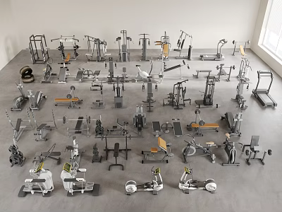 Diverse Sports Equipment Collection Including Treadmills Dumbbells Weight Benches Rowing Machines and Exercise Bikes 3d model