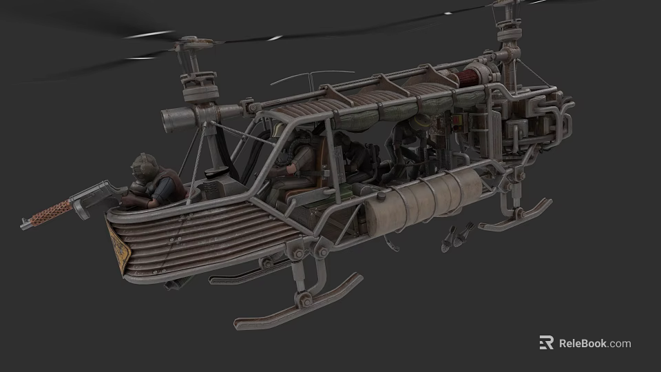 Steampunk Weaponized Helicopter Vehicle With Propellers Cockpit And Weapon Systems 3d model 