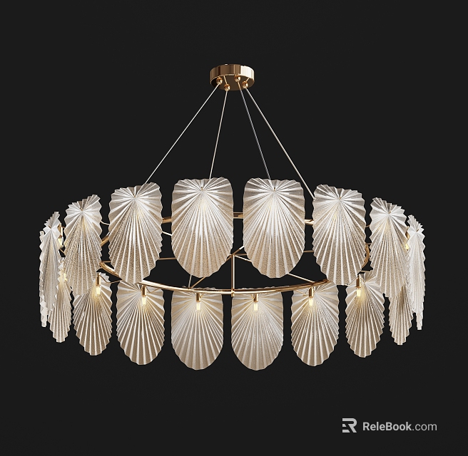 Modern Golden Frame Chandelier With Leaf Shaped Glass Shades And Illuminated Design 3d model 