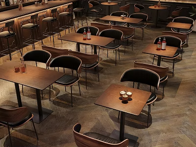 Bar Interior Design With Wooden Tables Black Chairs And Bar Counter Setup 3d model