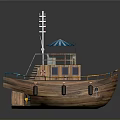 Wooden Boat Model With Blue Umbrella Deck Cabin And Flag Structure