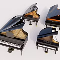 Musical Instruments Multiple Grand Pianos with Open Lids Various Colors and Visible Interiors