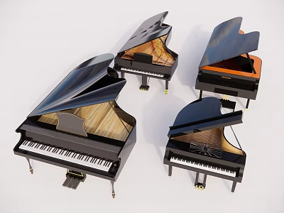 Musical Instruments Multiple Grand Pianos with Open Lids Various Colors and Visible Interiors 3d model