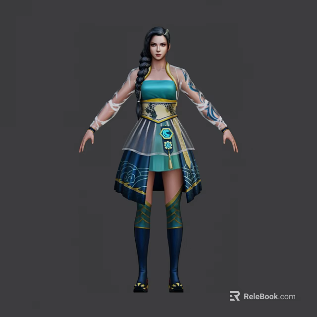 Game Movie Character With Green Blue Outfit Transparent Sleeves And Braided Hair 3d model 