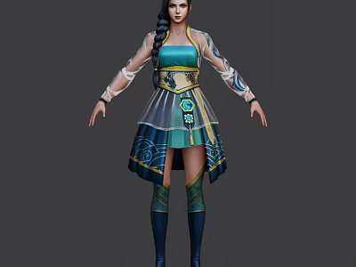 Game Movie Character With Green Blue Outfit Transparent Sleeves And Braided Hair 3d model