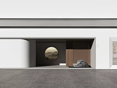 Modern Storefront With White Walls Circular Window Landscape Painting Wooden Lattice And Stone Decoration 3d model
