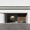 Modern Storefront With White Walls Circular Window Landscape Painting Wooden Lattice And Stone Decoration