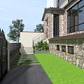 Beautiful Garden Landscape With Stone Wall Lawn Stone Pathway And Green Plants Trees