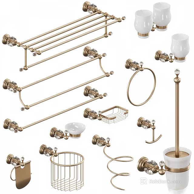 Brass Bathroom Accessories Set With Towel Racks Hooks Soap Dishes And Crystal Accents 3d model 