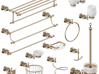 Brass Bathroom Accessories Set With Towel Racks Hooks Soap Dishes And Crystal Accents 3d model