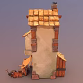 Cartoon Style Building Scene With Wooden Door Decorations And Items