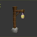Wooden Street Lamp Furniture With Hanging Yellow Lantern And Concrete Base