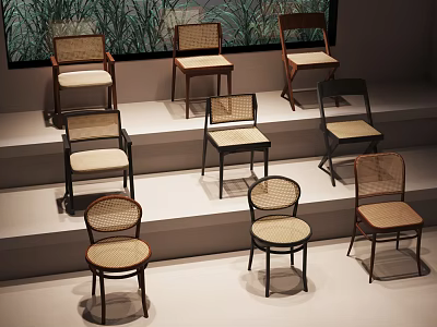 Different Design Chairs With Woven Backrests Display On Step Platform And Green Background 3d model