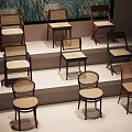 Different Design Chairs With Woven Backrests Display On Step Platform And Green Background