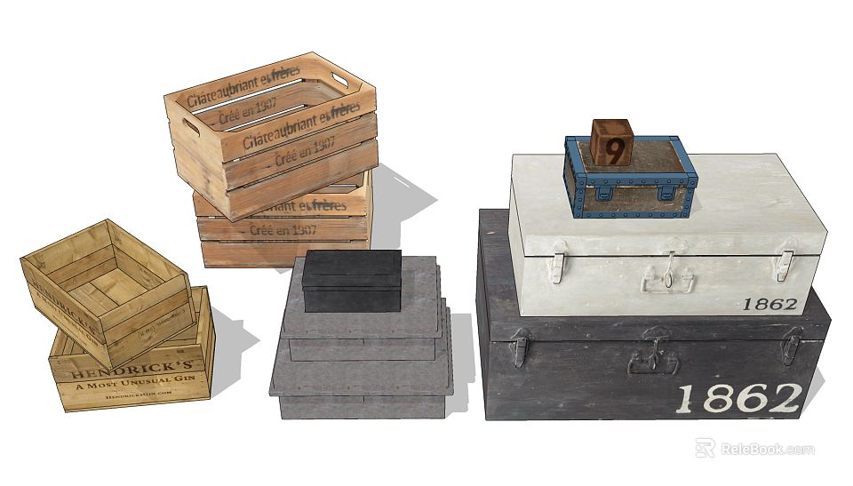 Vintage Stacked Wooden Storage Boxes with Blue Accents Gray White and Number 186 3d model 