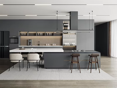 Modern Restaurant Interior With Gray Cabinets Island Counter And Pendant Lights 3d model