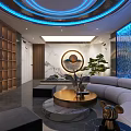 Modern Elevator Hallway Design With Wooden Doors Wall Lamps Green Plants And Gray Floor Tiles