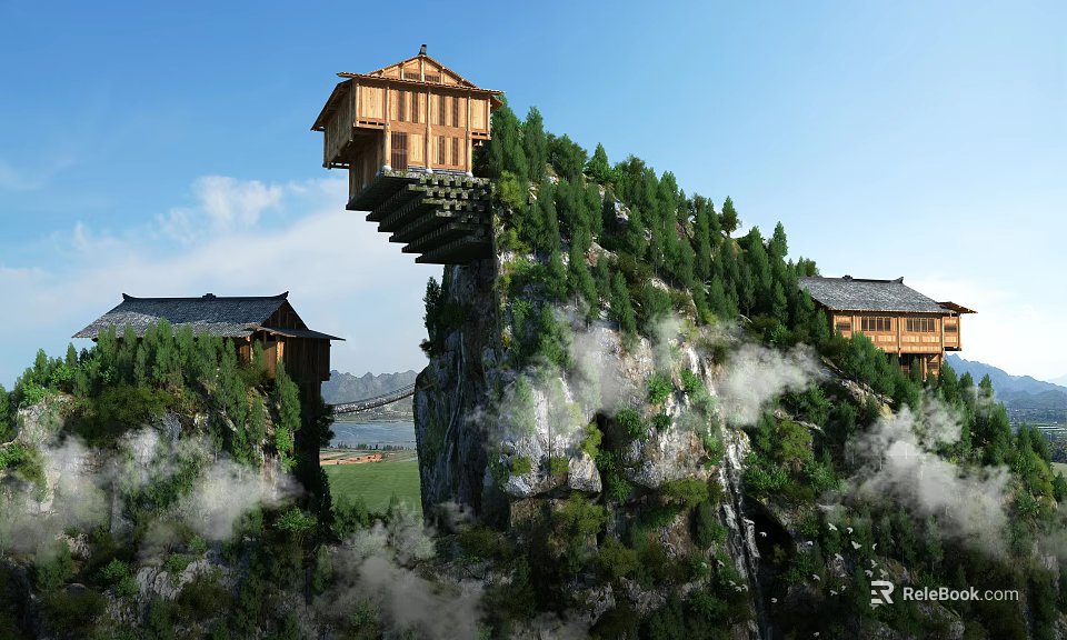 Wooden Cliffside Homestay Building Surrounded By Lush Greenery And Misty Clouds 3d model 