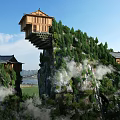 Wooden Cliffside Homestay Building Surrounded By Lush Greenery And Misty Clouds