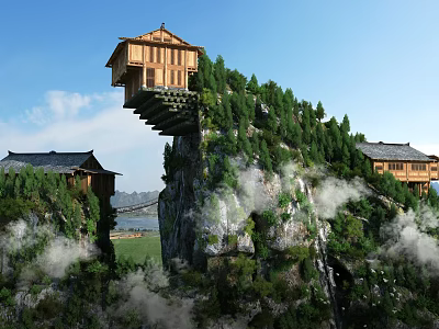 Wooden Cliffside Homestay Building Surrounded By Lush Greenery And Misty Clouds 3d model