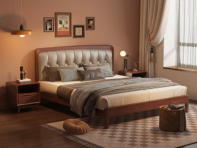 Cozy Bedroom Double Bed With Upholstered Headboard Wooden Frame Nightstands Table Lamps And Decorative Paintings 3d model