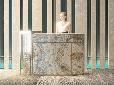 Elegant Modern Hotel Lobby Interior Design With Marble Reception Desk And Striped Walls 3d model